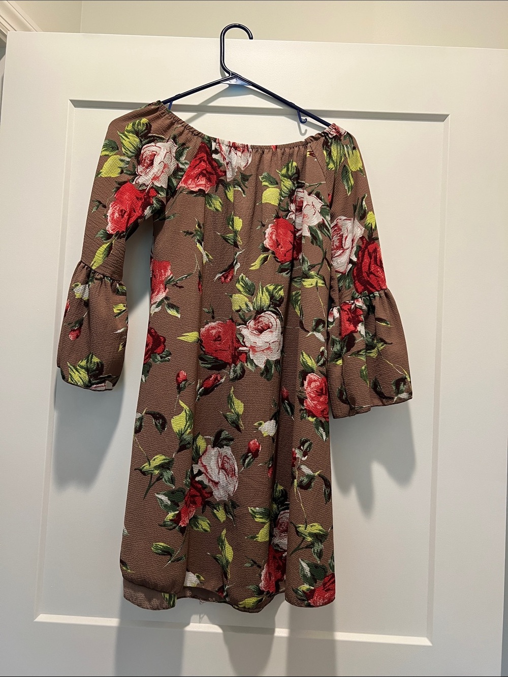 Brown Floral Off-the-Shoulder Long Sleeve Dress
